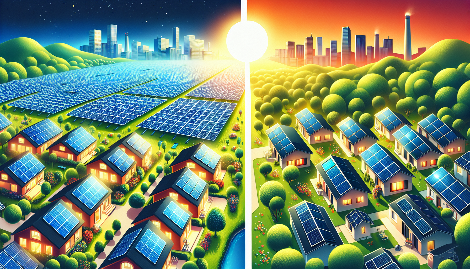 Illustration of community solar and rooftop solar panels